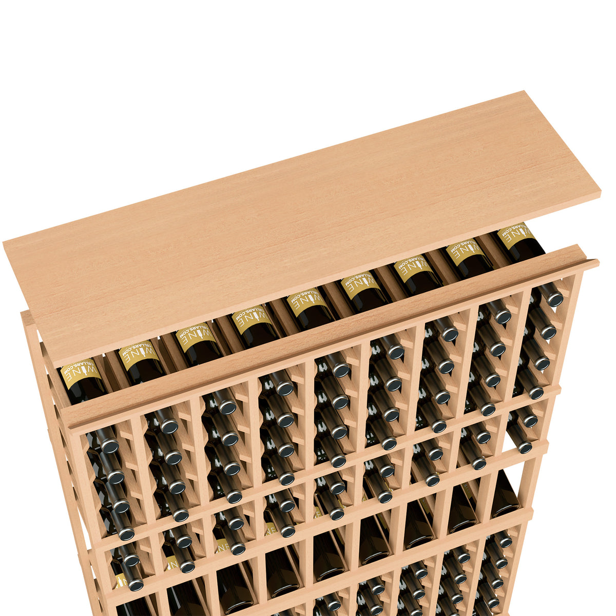 Light wood 9-column wine rack with solid top shelf and bottle slots