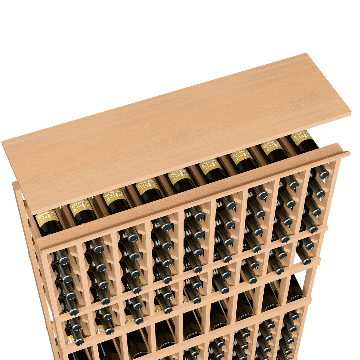 Natural wood 9-column wine rack with solid top shelf and bottle slots