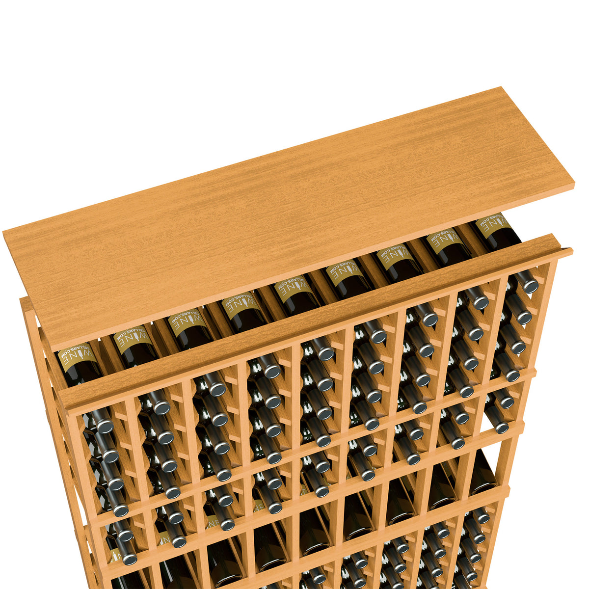 Amber wood 9-column wine rack with solid top shelf and bottle slots