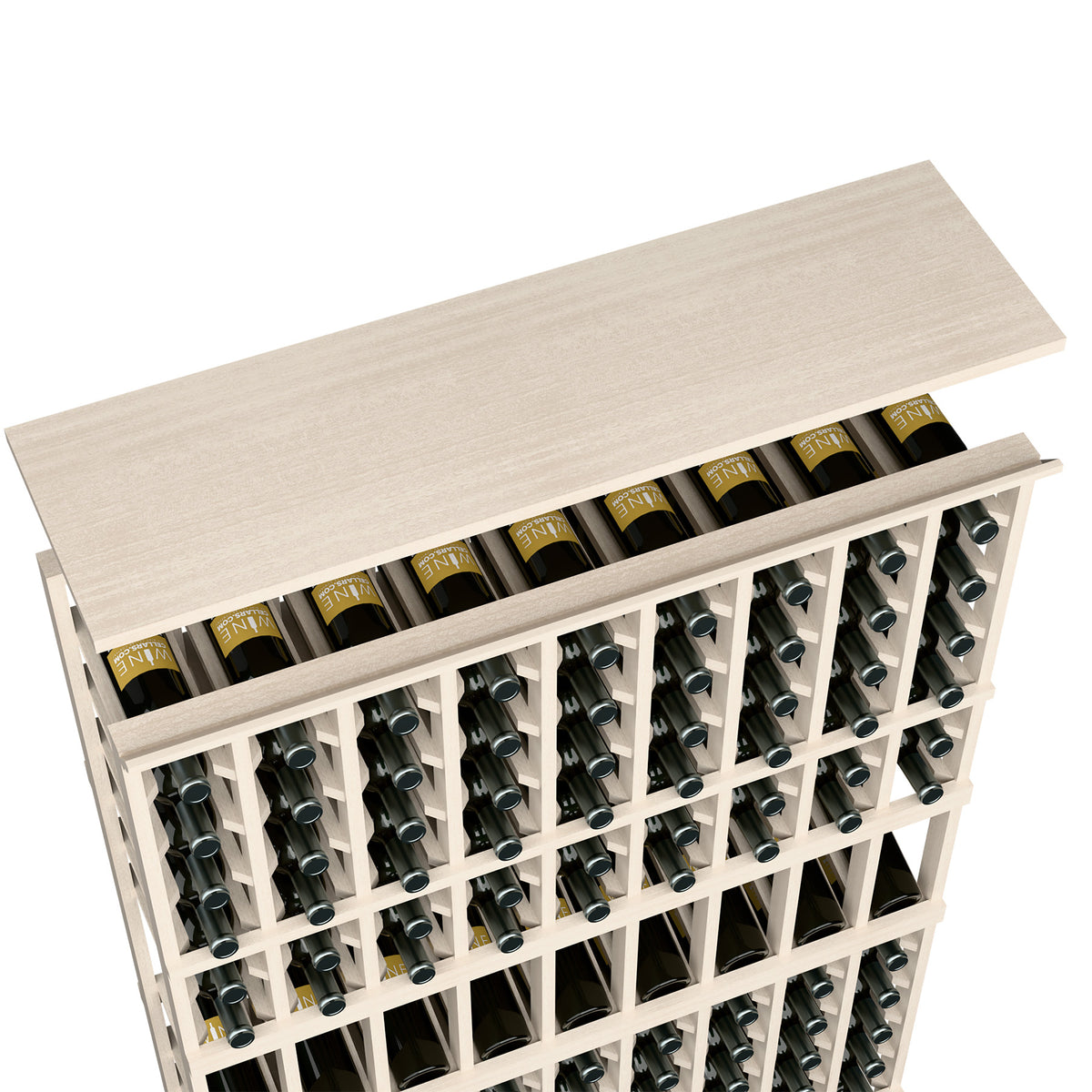 Wine rack top shelf with bottle slots, pale light wood frame and wine bottle grid