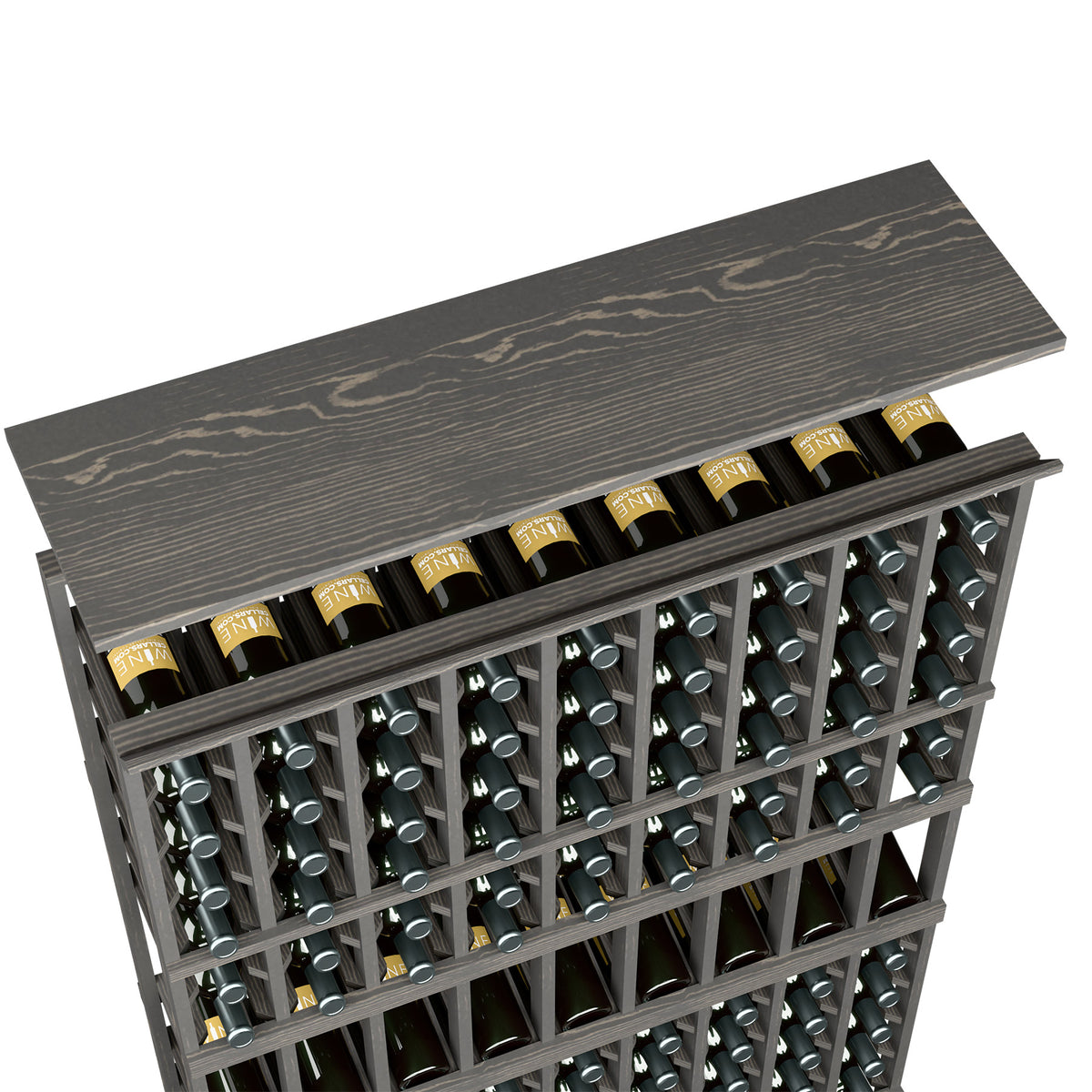Wine rack top shelf with bottle slots, dark charcoal wood panel and bottle rows