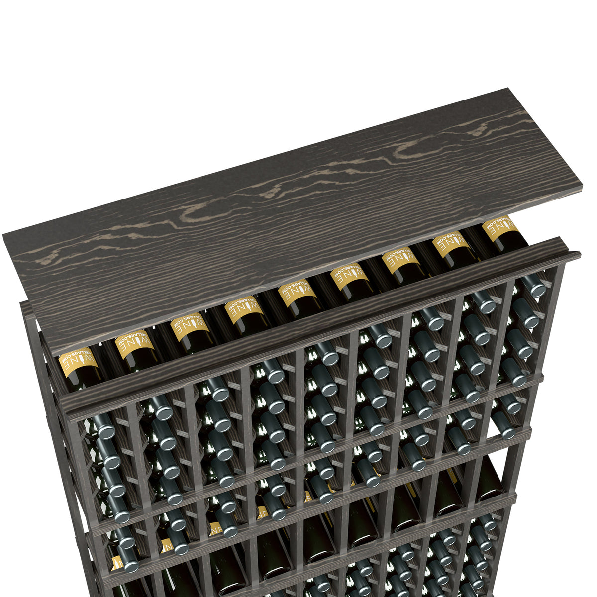 Wine rack top shelf with bottle slots, dark charcoal wood frame and bottle storage