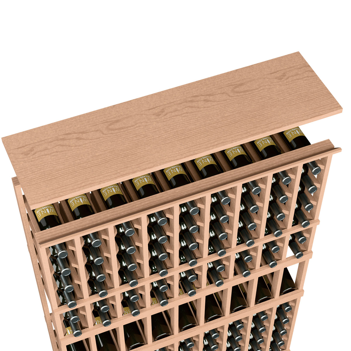Solid wood top shelf for 9-column wine rack, with rows of bottle slots and holders