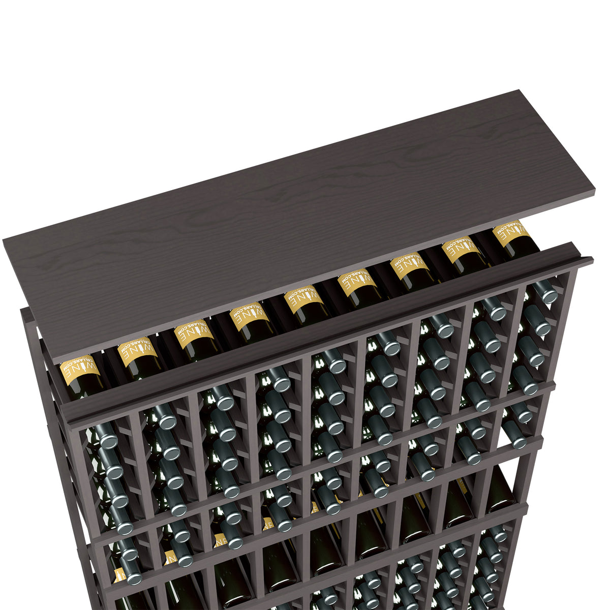 Solid wood top shelf for 9-column wine rack, dark espresso tone with bottle slot grid