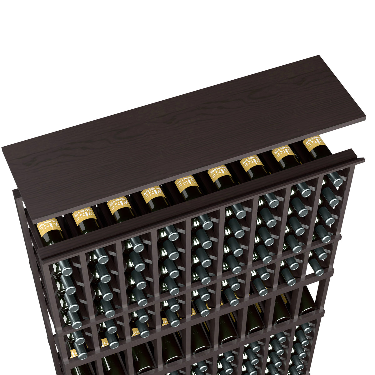 Solid wood top shelf for 9-column wine rack, dark stained finish with rows of bottle slots