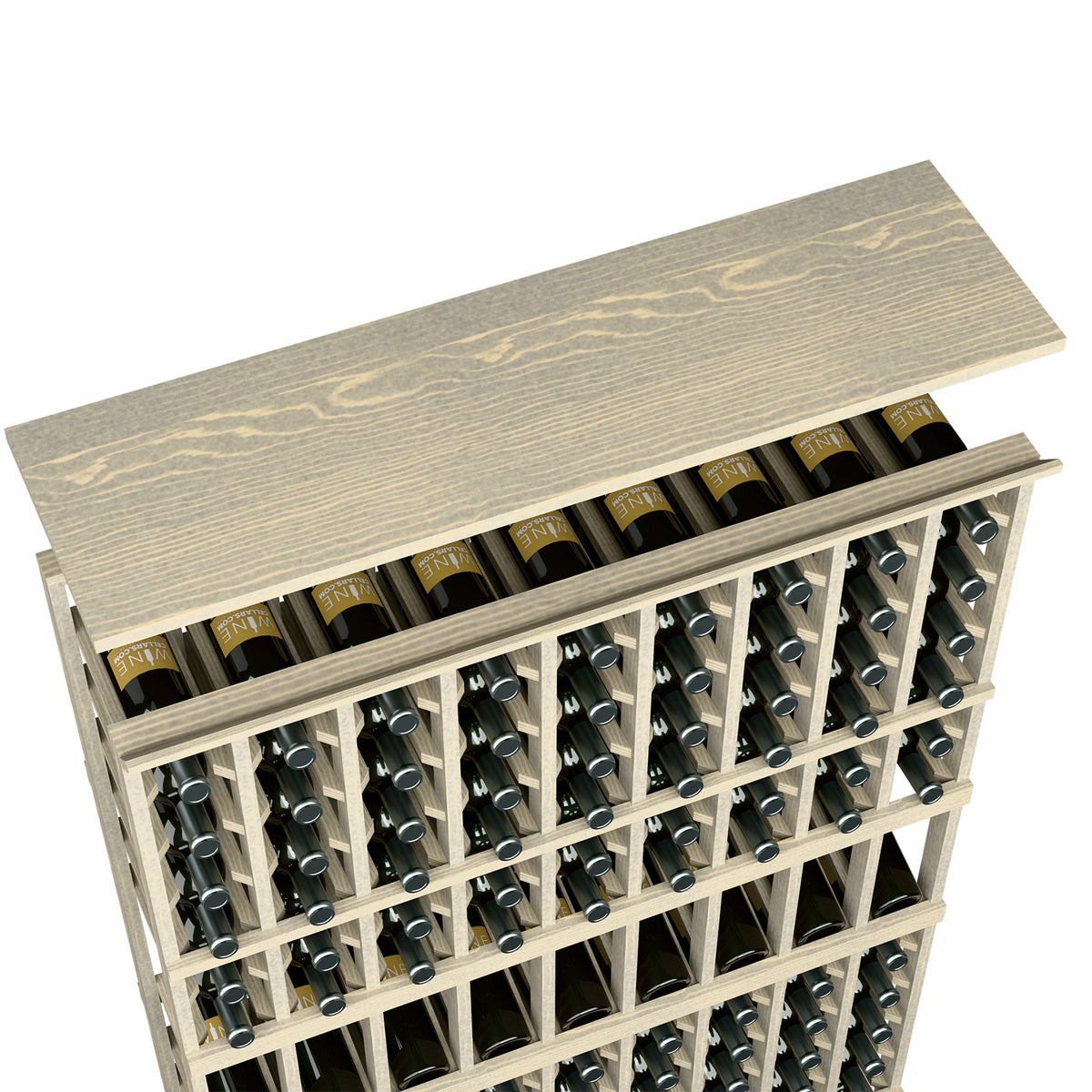 Solid wood top shelf for 9-column wine rack, weathered light tone with bottle holder grid