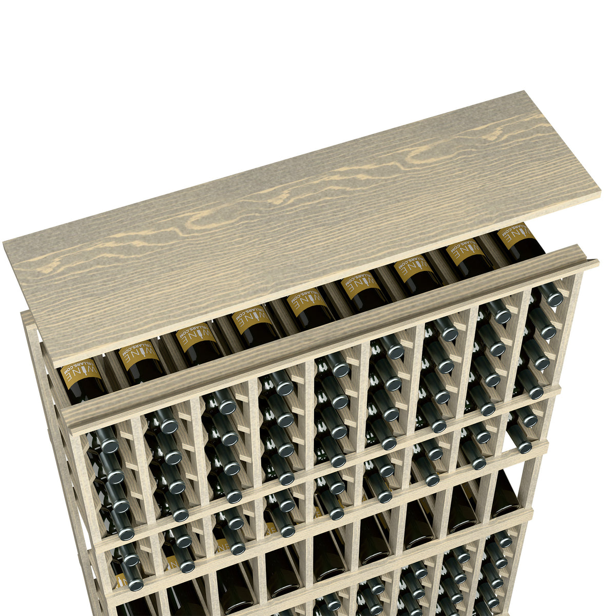 Solid wood top shelf for 9-column wine rack, pale grey woodgrain with bottle slot rows