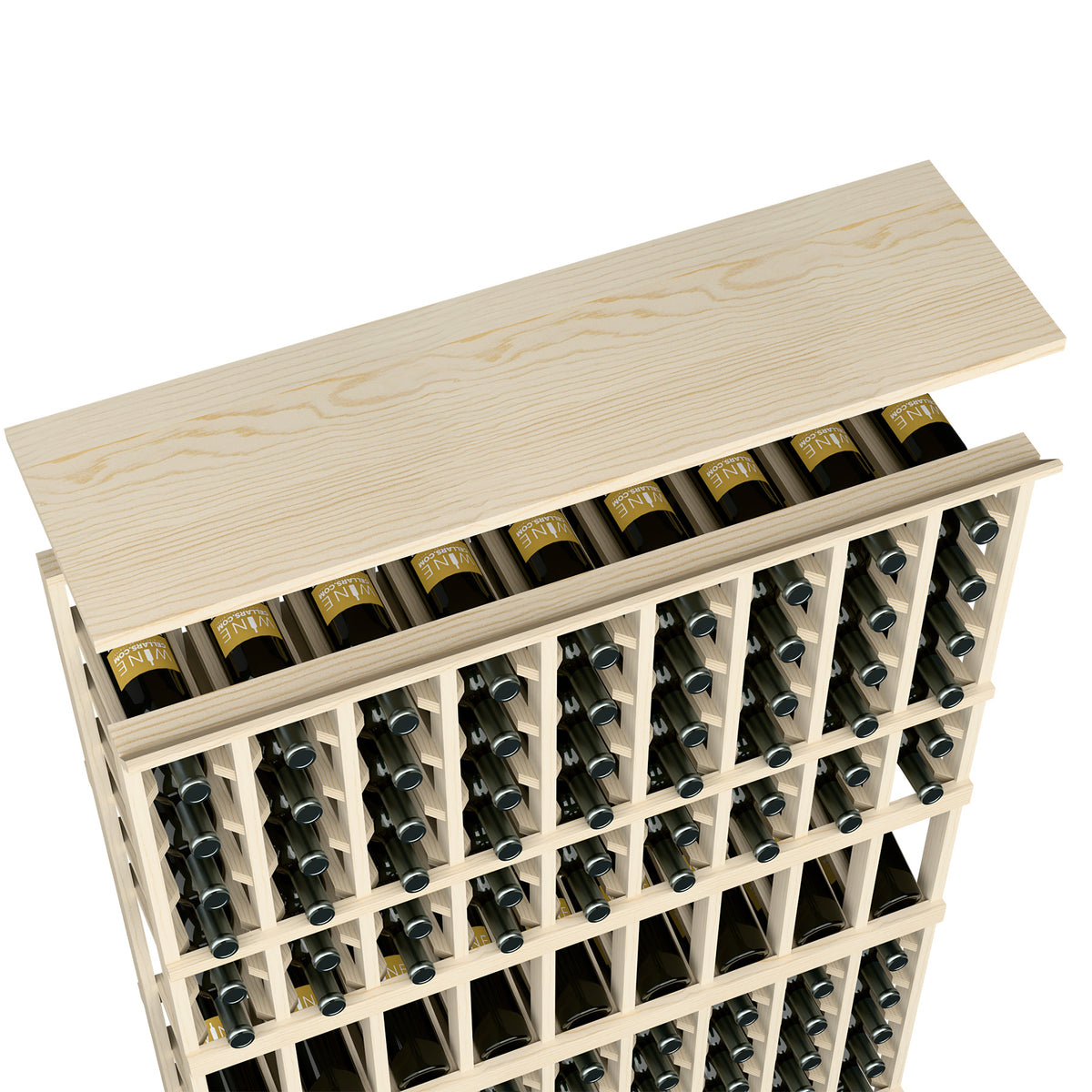Solid wood top shelf for 9-column wine rack, natural light finish with bottle holder grid