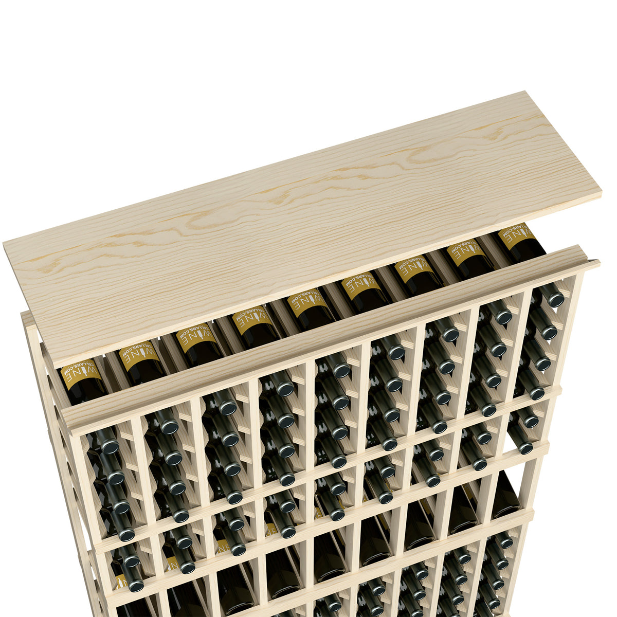 Solid wood top shelf for 9-column wine rack, light woodgrain tone with bottle slots