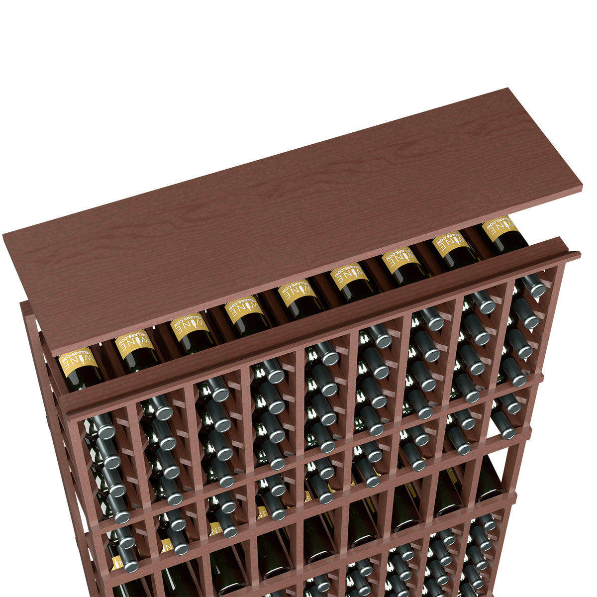 Dark brown wooden wine rack with top shelf and 9-column bottle slots