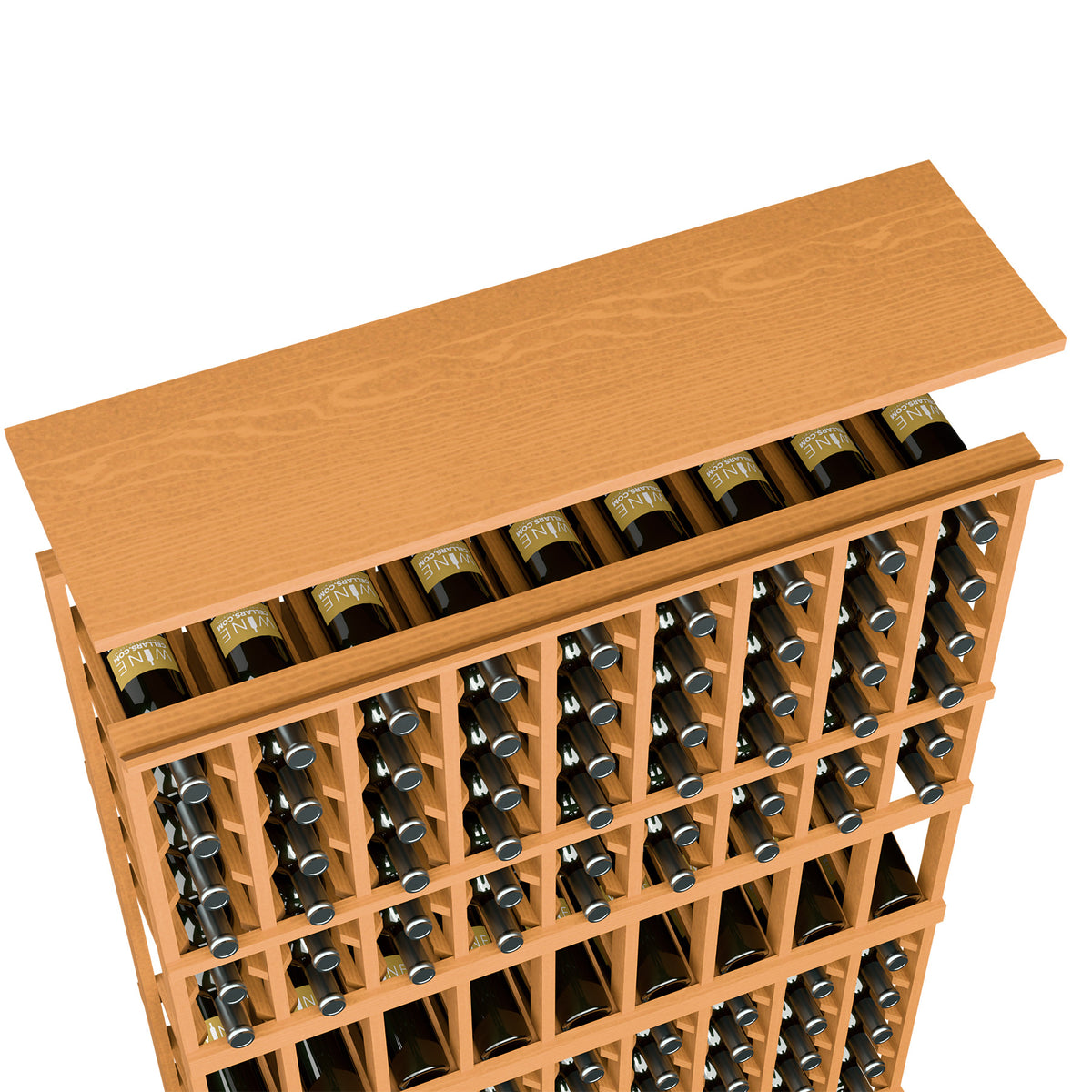 Light wood wine rack top shelf with 9-column bottle slots, angled view