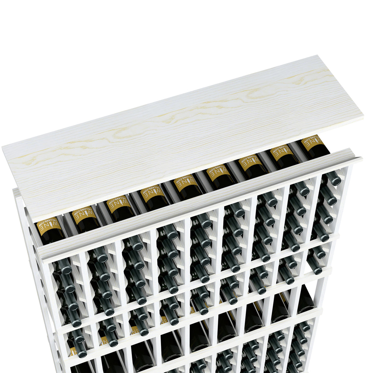 Whitewashed wooden wine rack top shelf with 9-column bottle slots