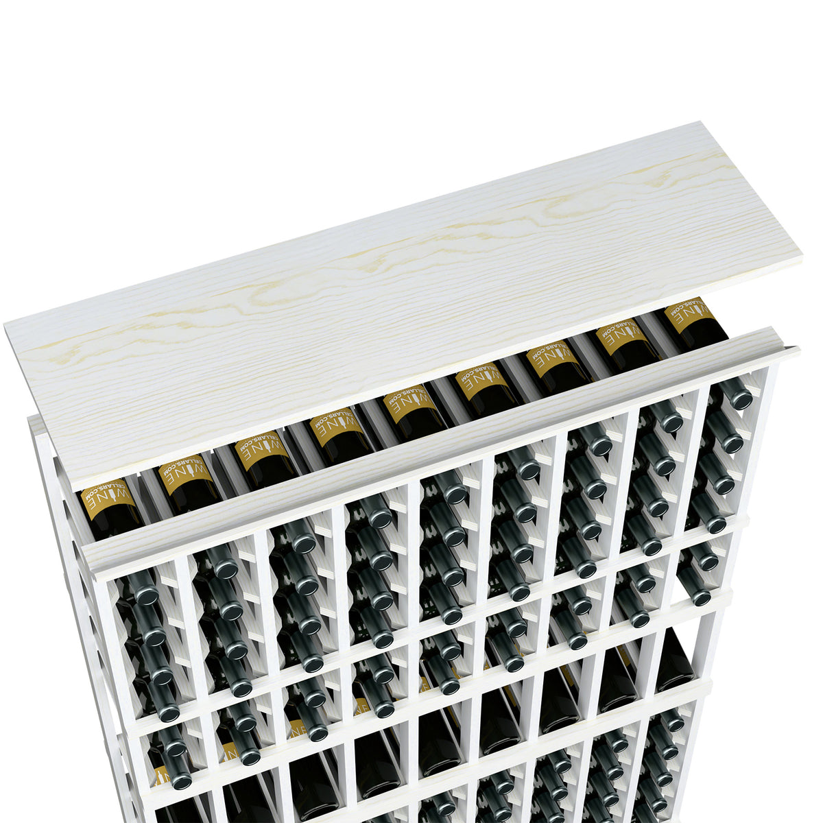 Whitewashed wooden wine rack top shelf with 9-column bottle slots, angled