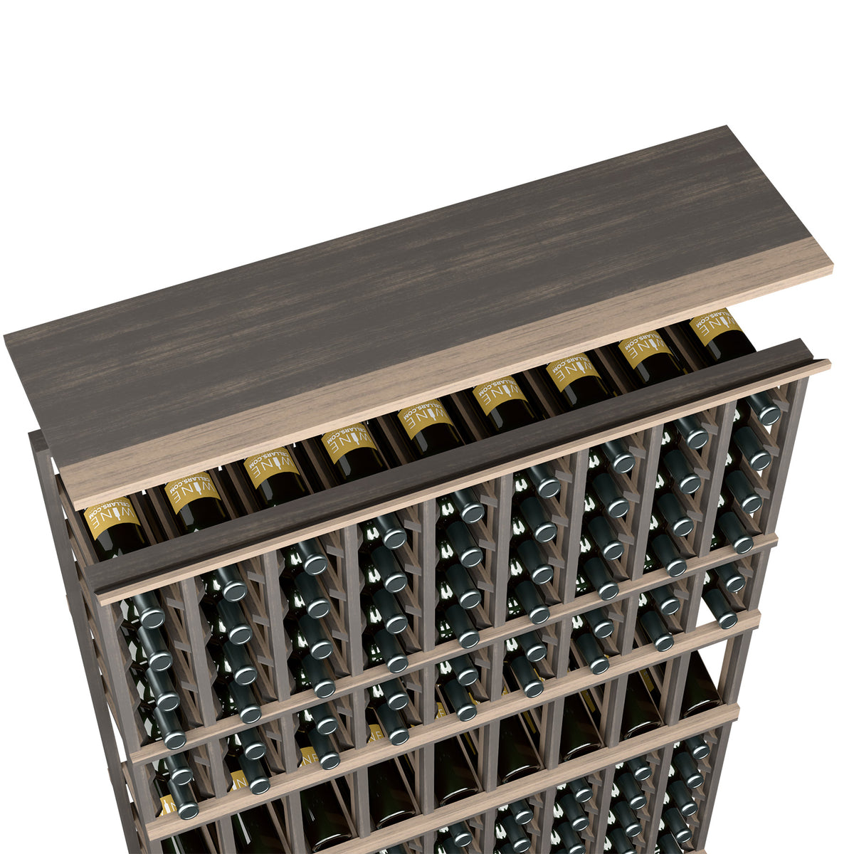 Espresso wood top shelf for 9-column wine rack, angled view