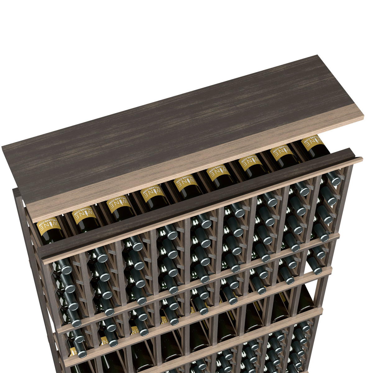 Espresso wood top shelf for 9-column wine rack with front bottle openings
