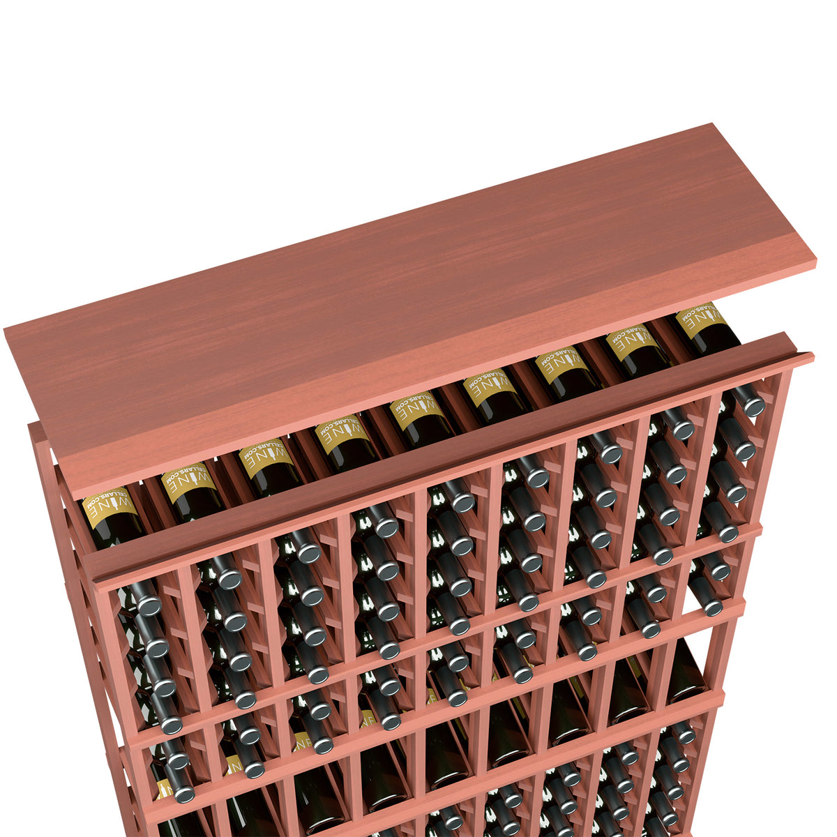 Red stained wood top shelf for 9-column wine rack, bottle slots visible