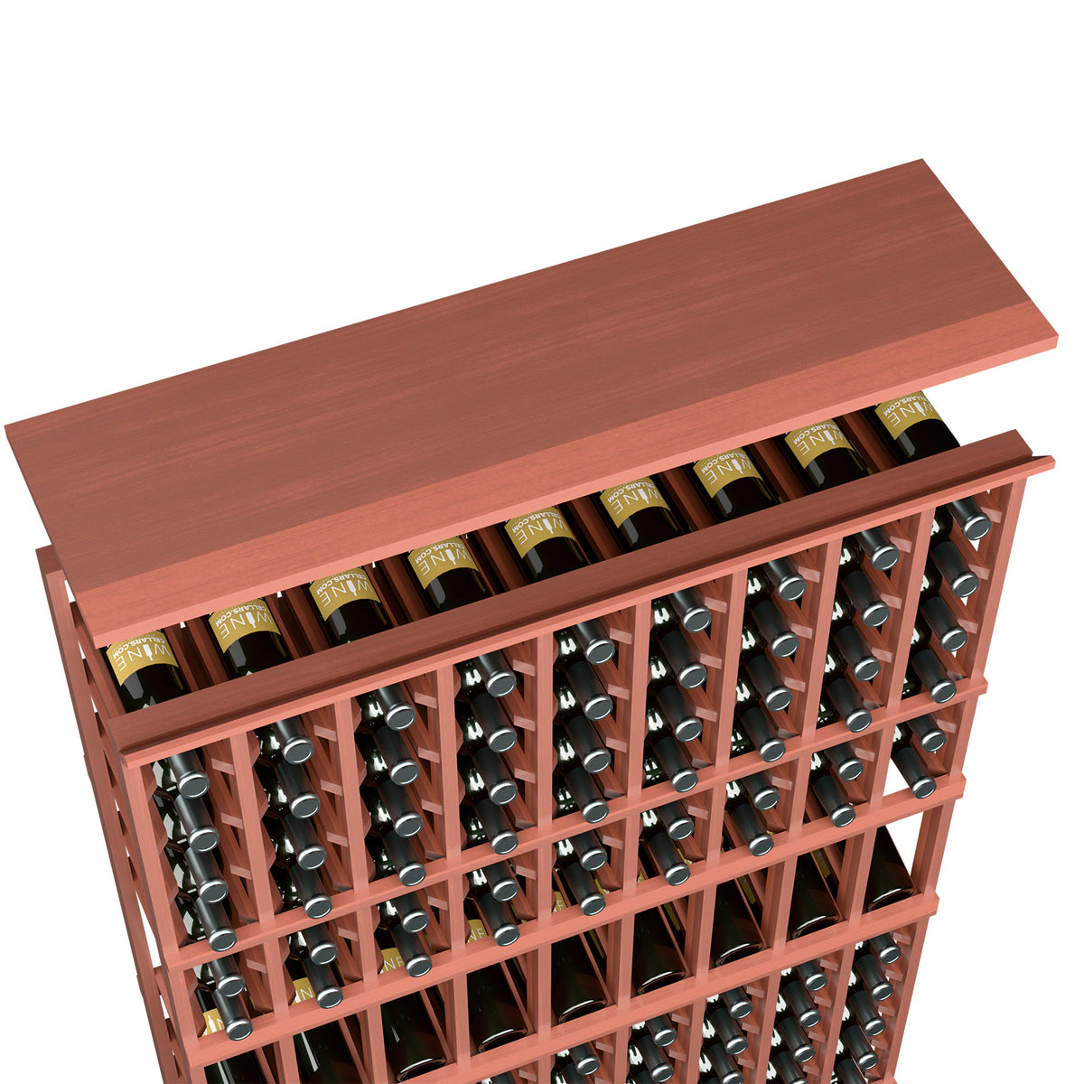 Rust red wood top shelf for 9-column wine rack with front grid