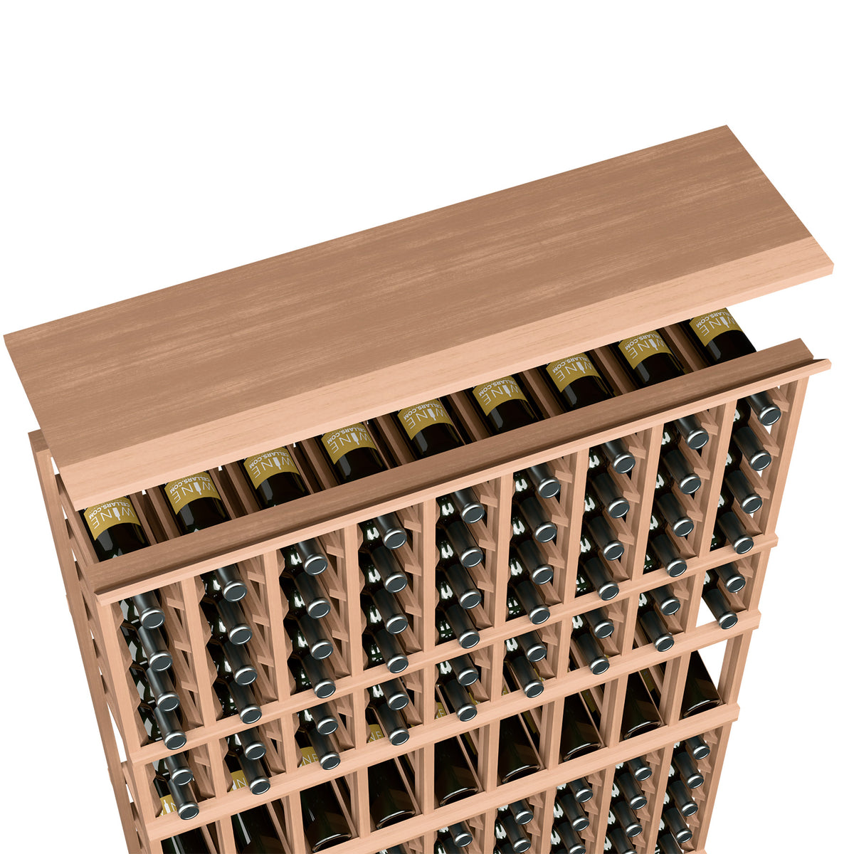 Natural light wood top shelf for 9-column wine rack with bottle rows