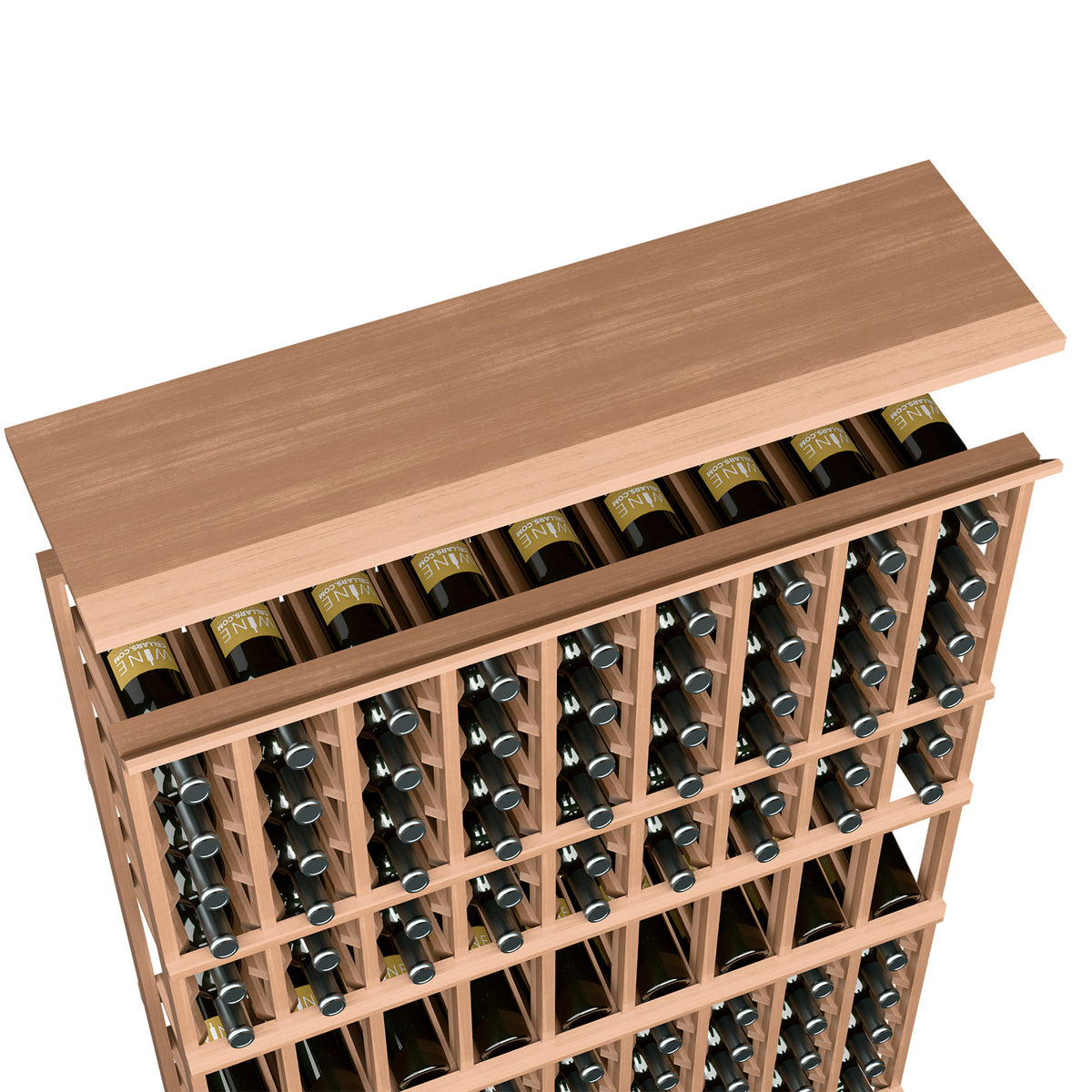 Light tan wood top shelf for 9-column wine rack, front view of slots