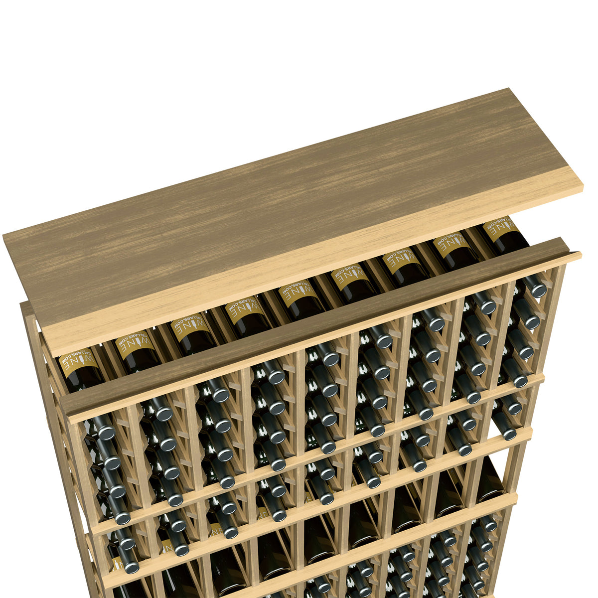 Greywash wood top shelf for 9-column wine rack, angled view of slots