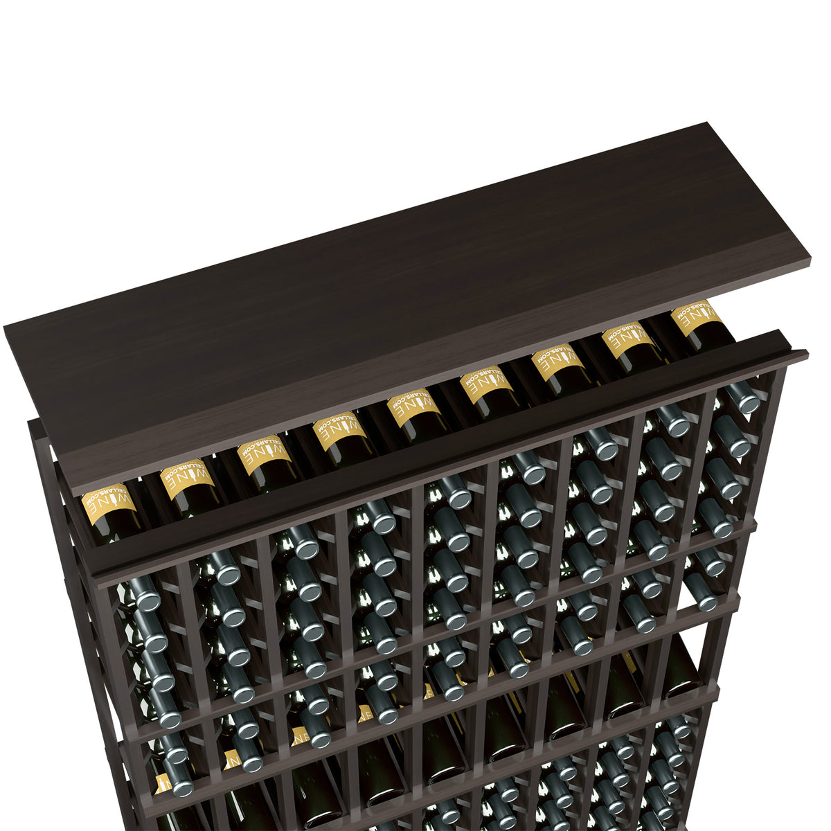 Black-stained wood top shelf for 9-column wine rack, front bottle display