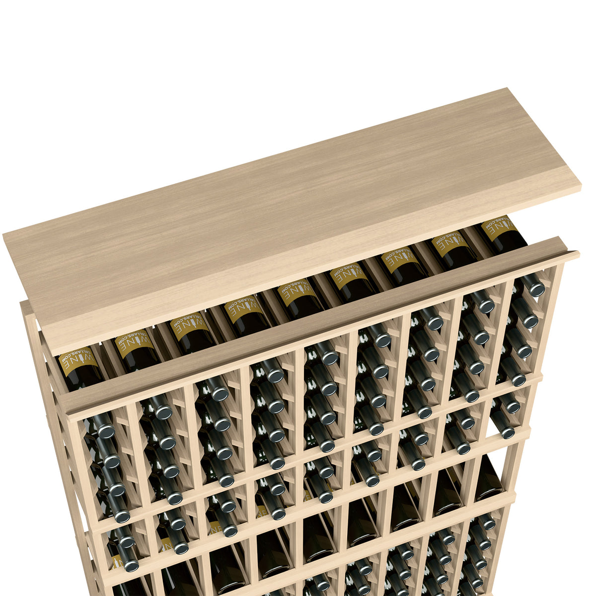 Natural wood wine bottle rack with top shelf, 9-column grid storage