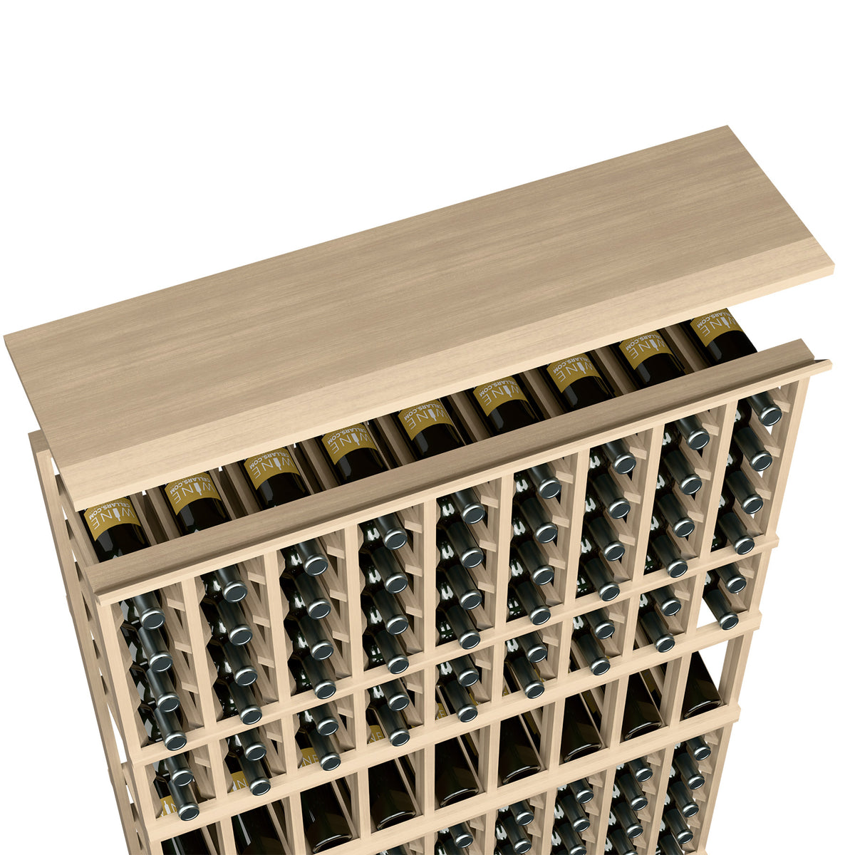Natural wood wine bottle rack with top shelf and filled bottle slots, 9 columns