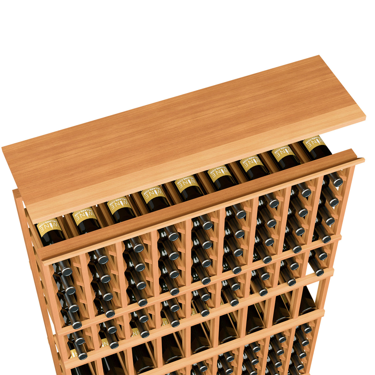 Light reddish wood wine bottle rack with top shelf, 9-column compartment grid
