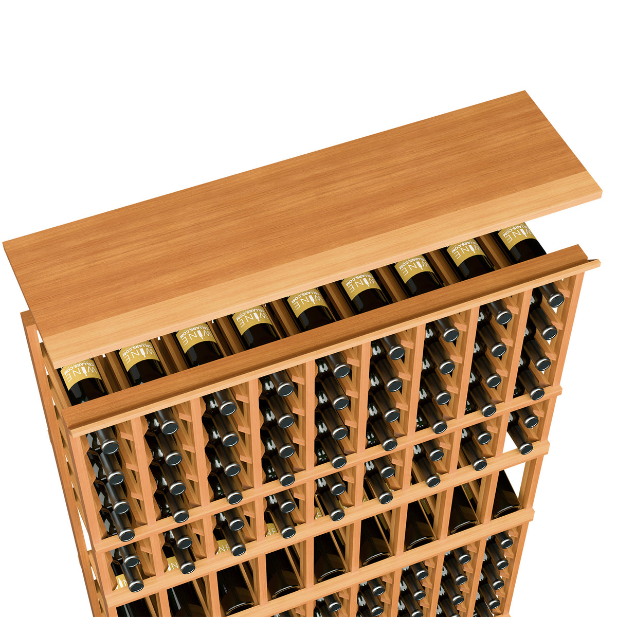 Warm wood wine bottle rack with top shelf and bottle rows, 9-column storage