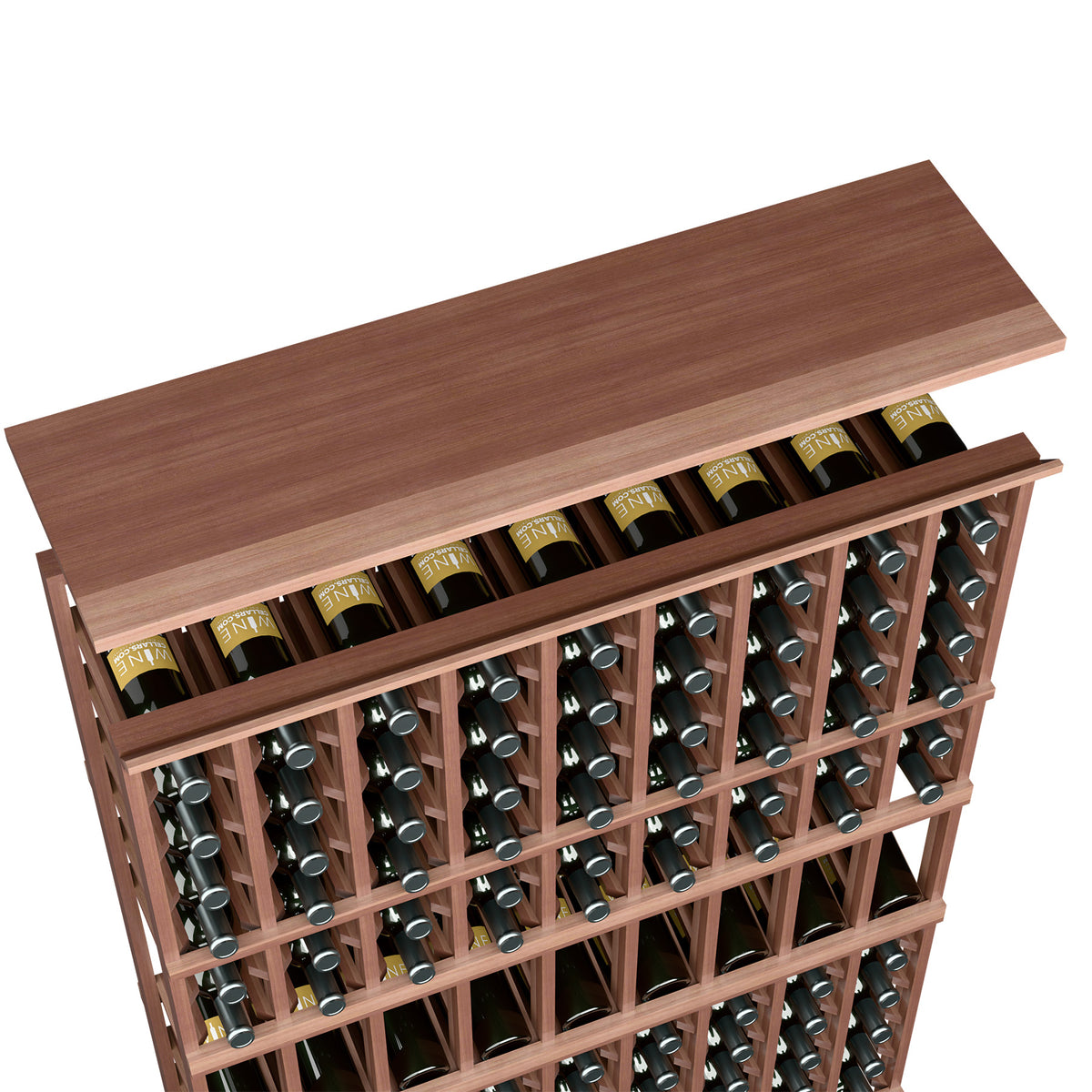 Medium brown wood wine bottle rack with top shelf, 9-column compartment grid