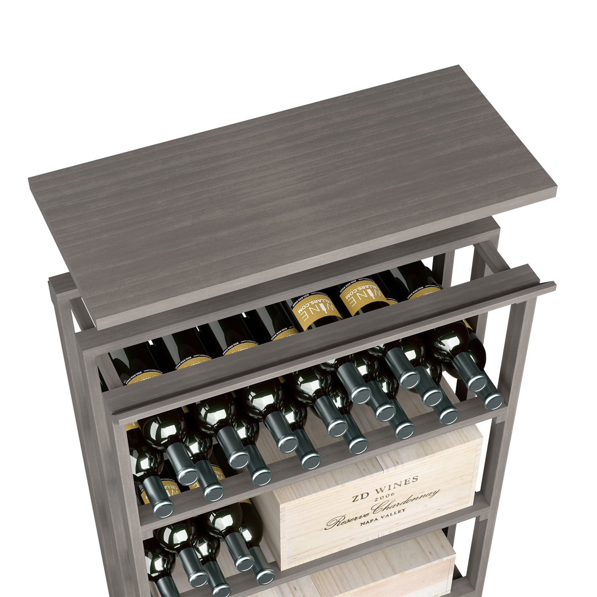 Wood top shelf bottle rack in dark gray with open shelves and multiple bottle slots