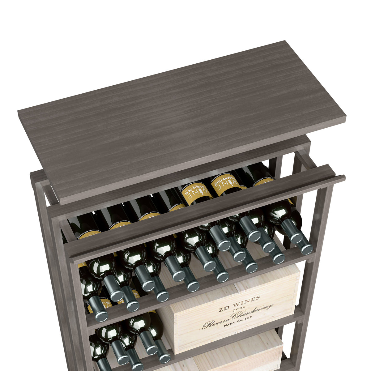 Wood top shelf bottle rack in medium dark gray with open shelves and bottle slots