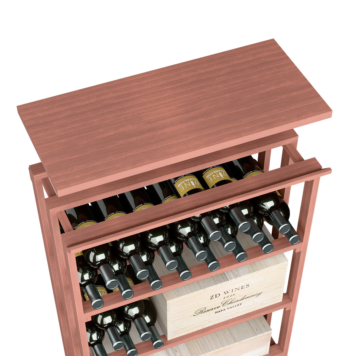 Wood top shelf bottle rack with reddish-brown finish, open shelves, and bottle slots