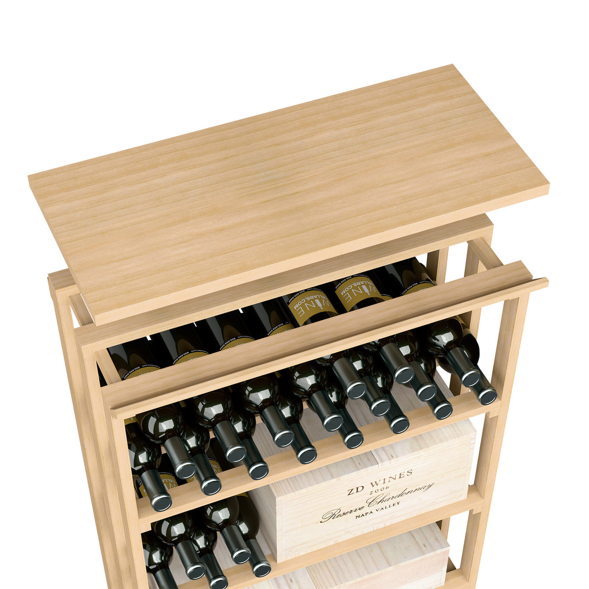 Wood top shelf bottle rack with light natural finish and open shelves for bottle storage