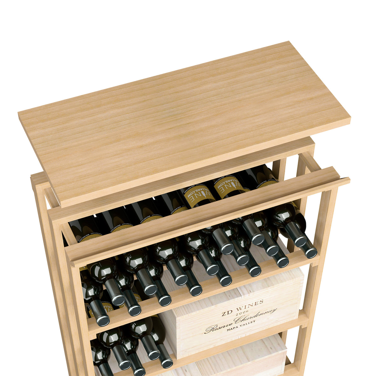 Wood top shelf bottle rack with light tan finish and open shelves holding bottles
