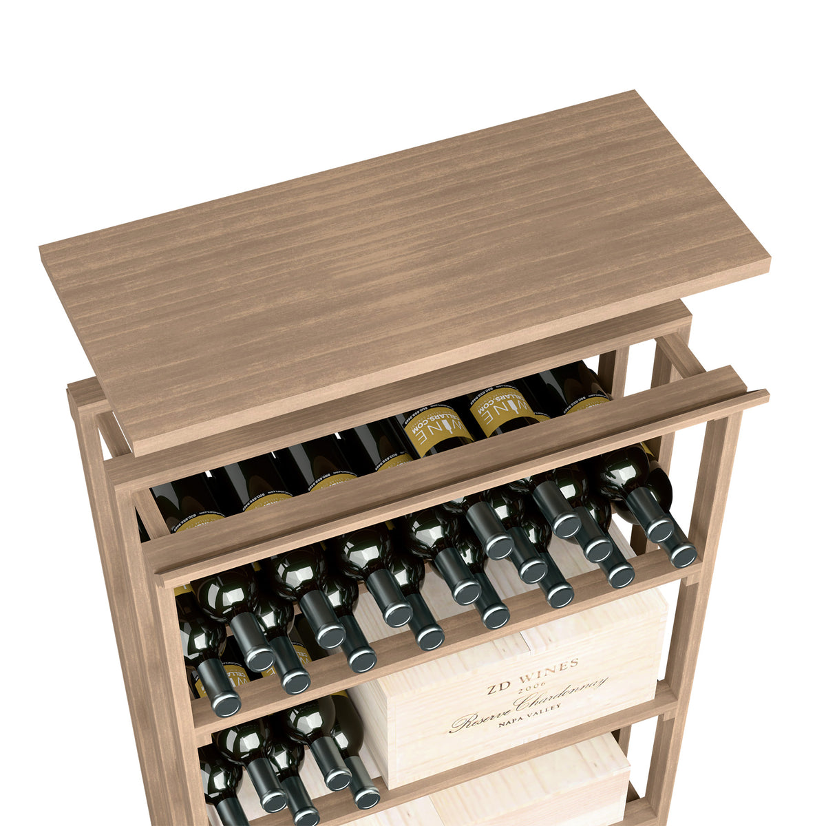 Wood top shelf bottle rack with gray-brown finish, open shelves, and bottle slots