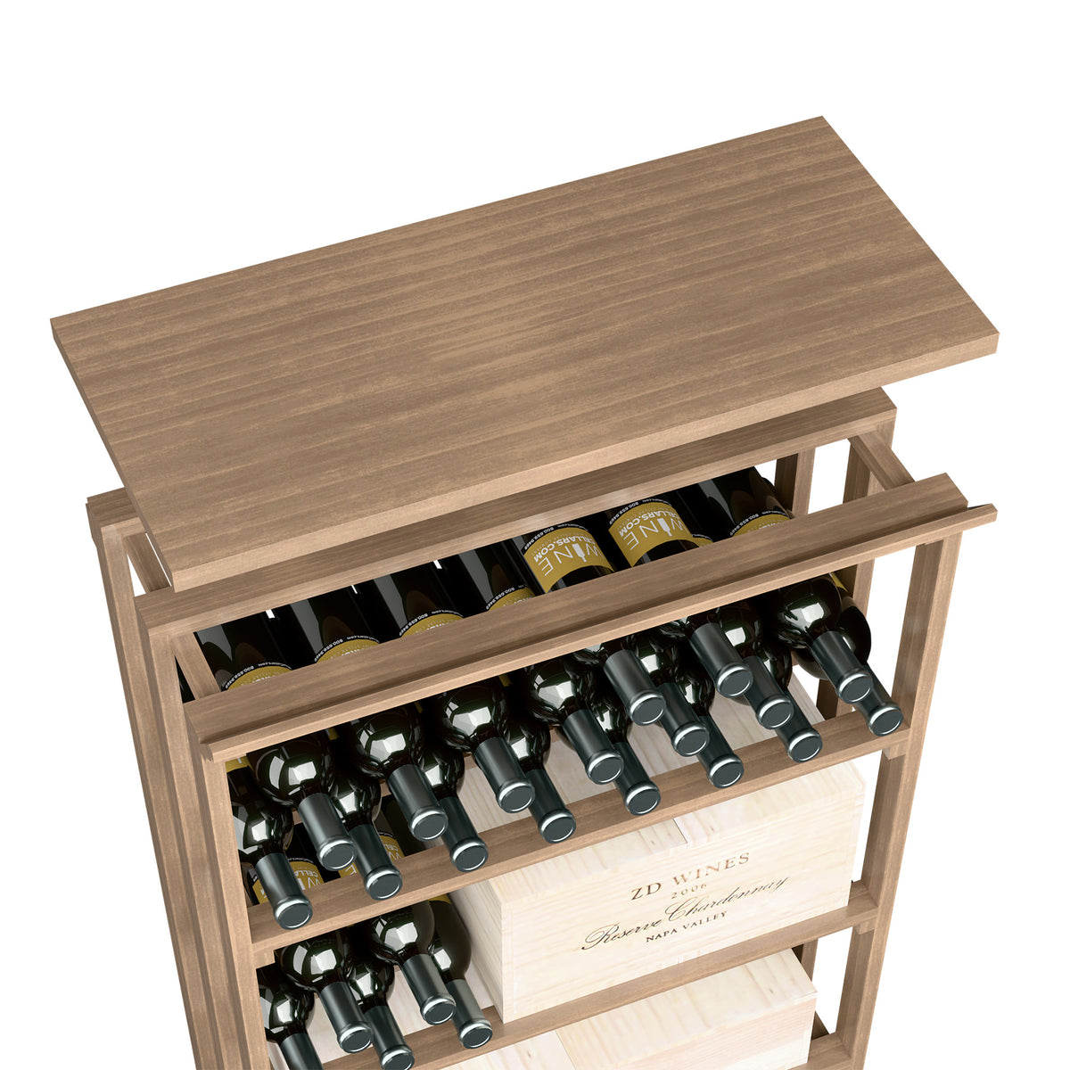 Wood top shelf bottle rack with light brown finish and open shelves for bottles