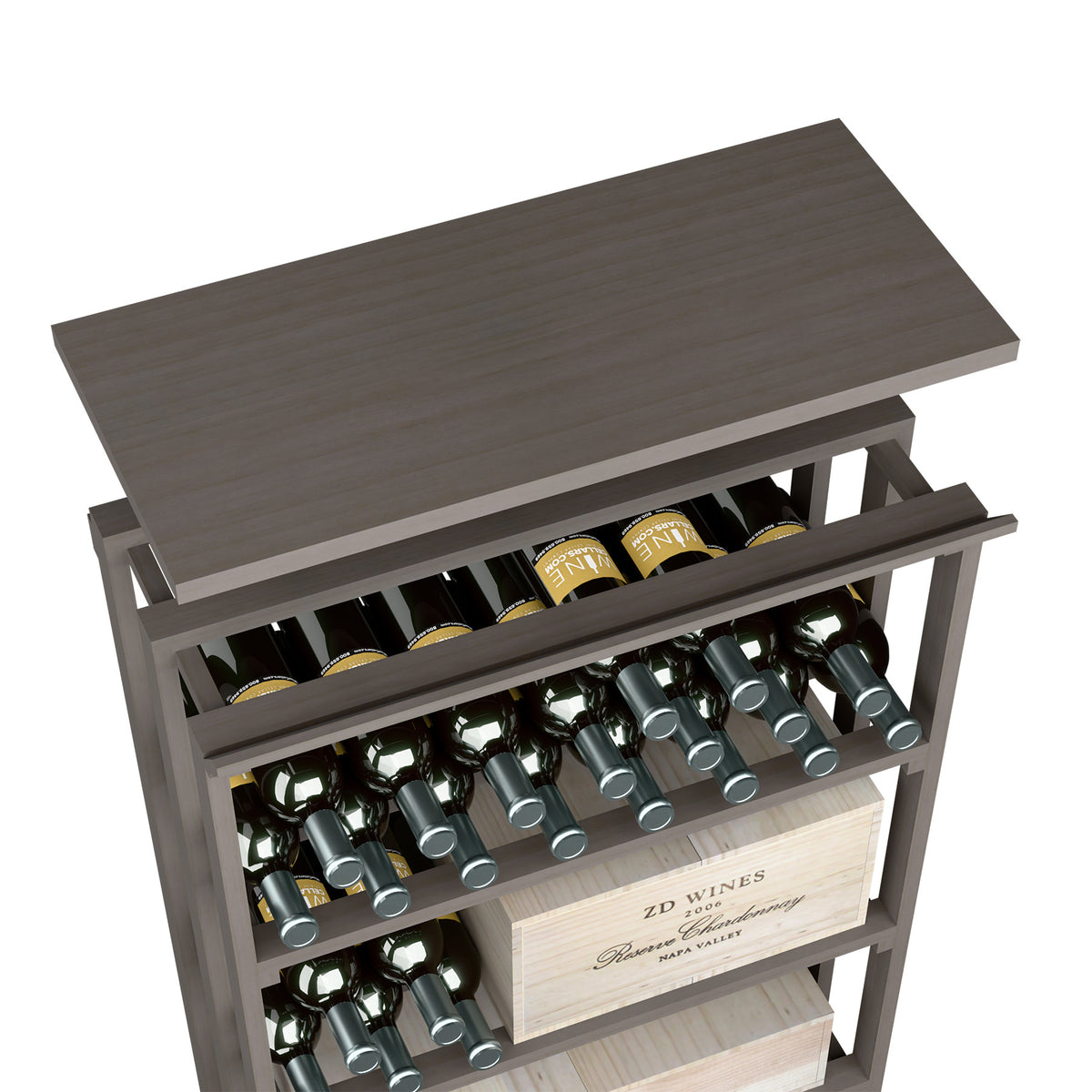 Wood top shelf bottle rack in dark gray finish with open shelves and bottle slots