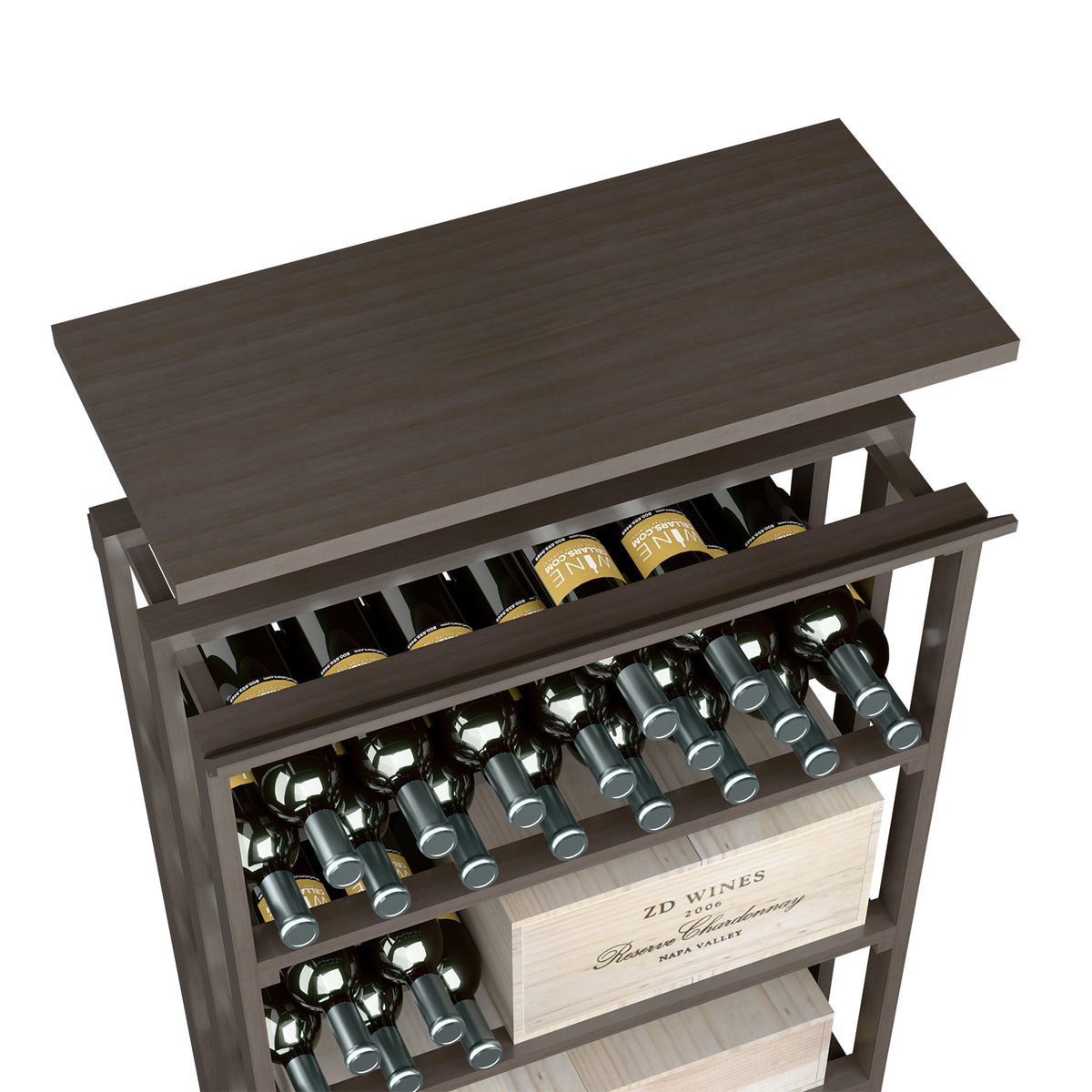 Wood top shelf bottle rack in dark brown-gray finish with open shelves and bottle slots