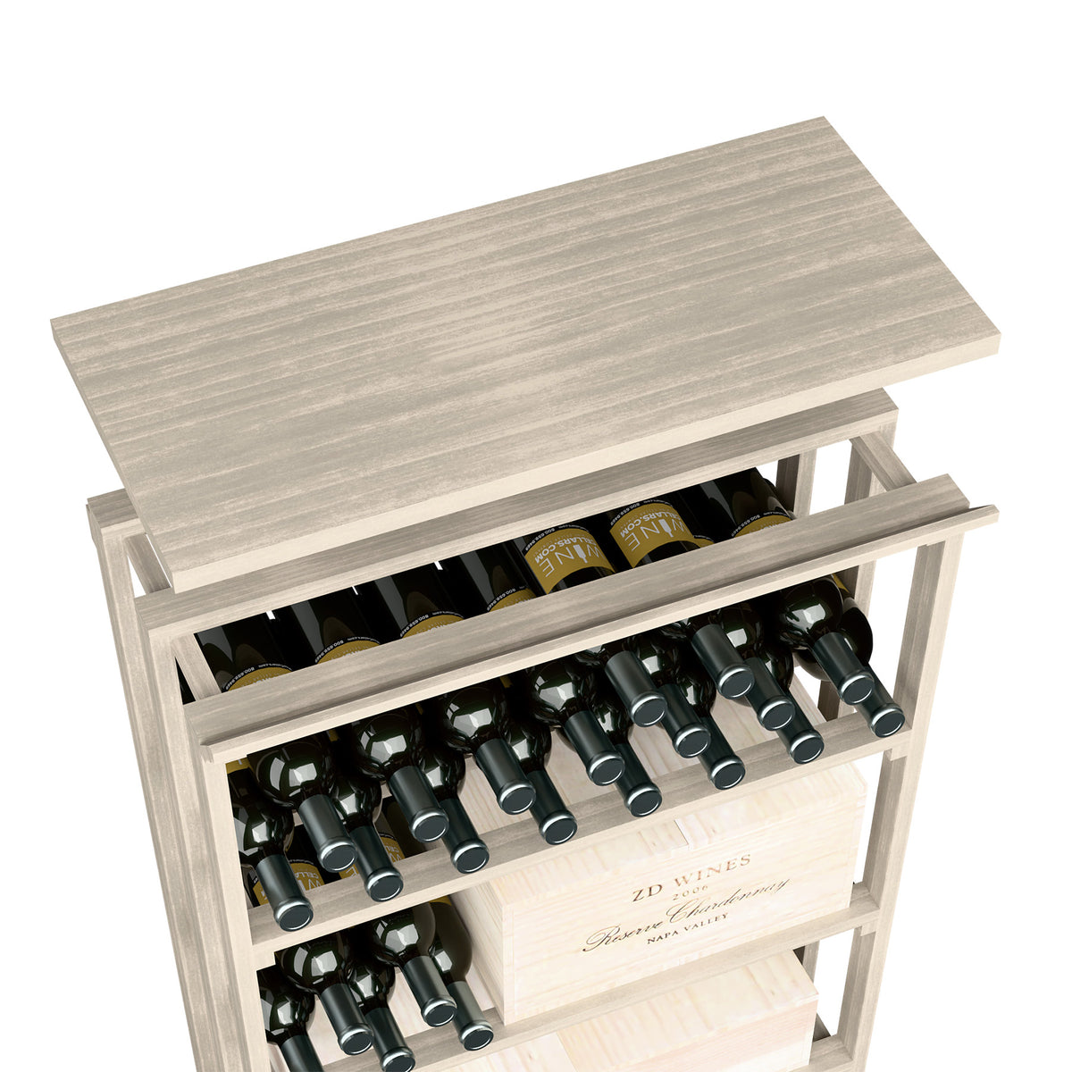 Light grey wood top shelf with open bottle rack and slatted sides for rec bin.