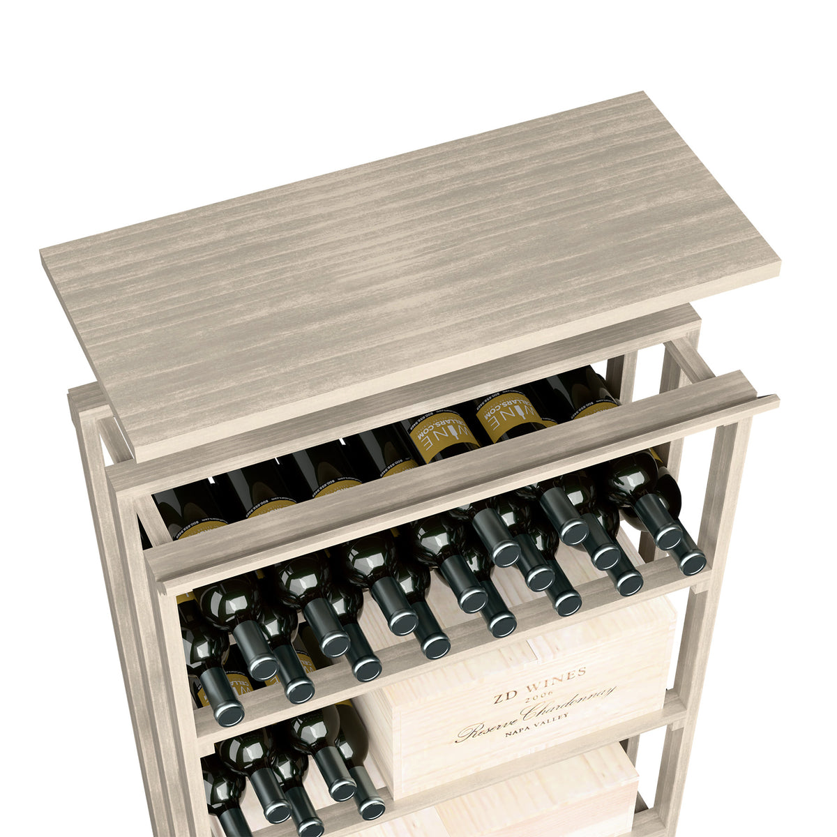Light grey wood top shelf with two-tier bottle storage and open front for rec bin.