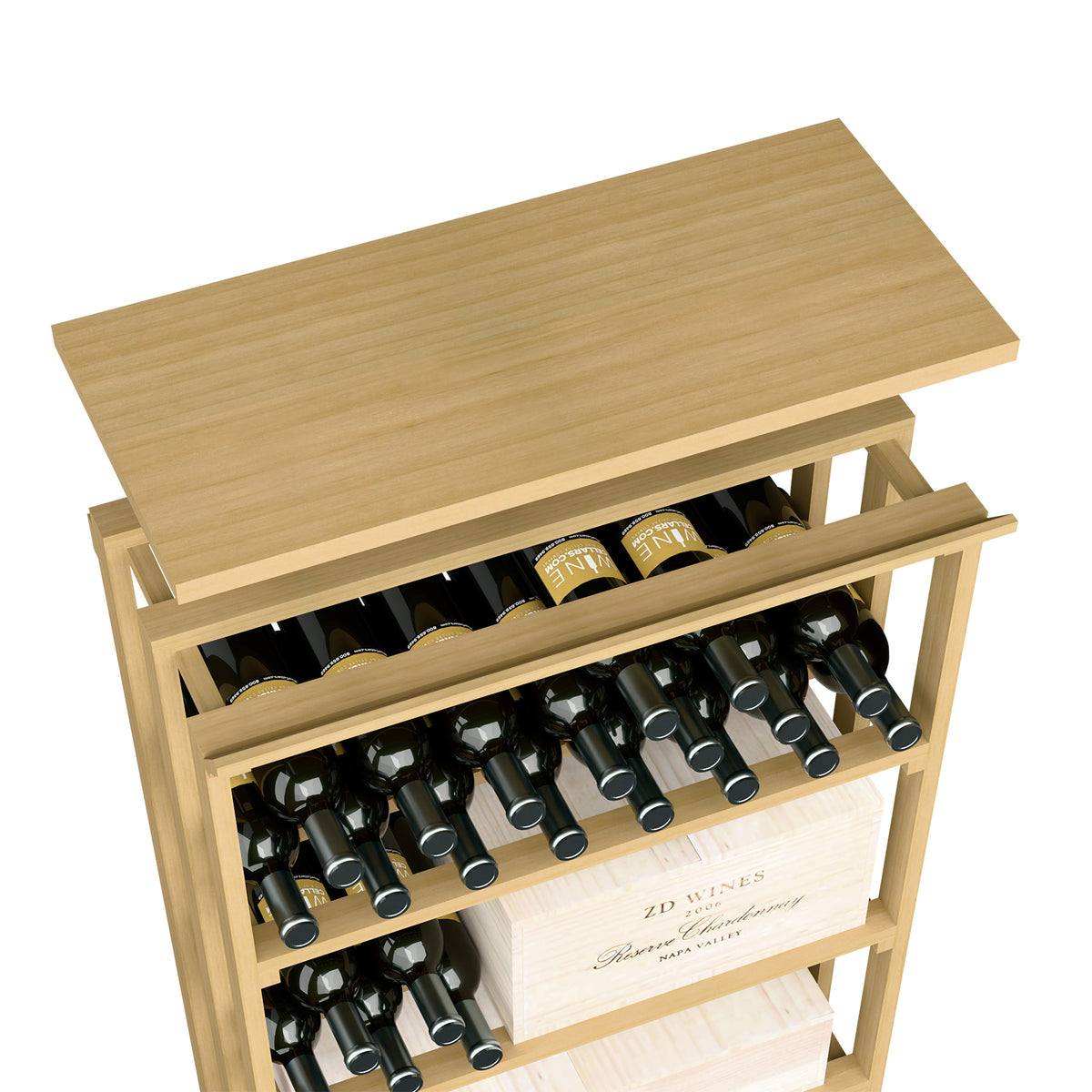 Natural wood top shelf with open bottle rack, slatted sides, and two storage tiers.