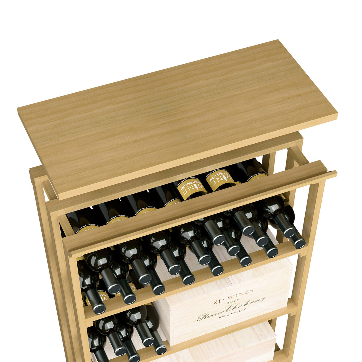 Natural wood top shelf with open front, two shelves for bottles, and slatted sides.