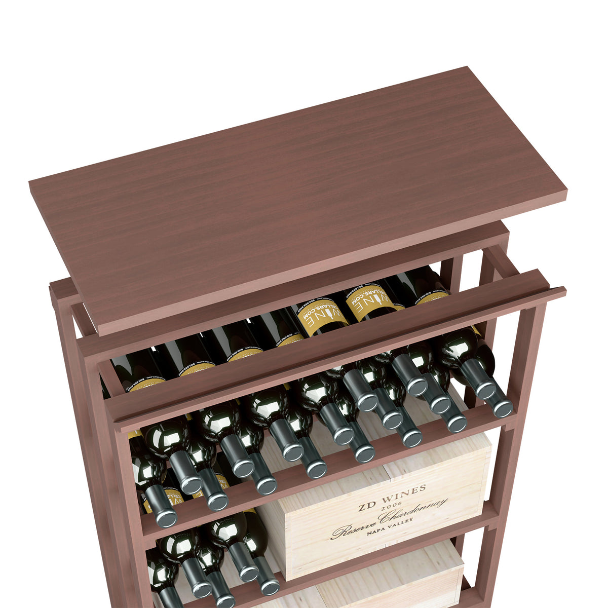 Espresso brown wood top shelf with open bottle rack and two storage levels for rec bin.