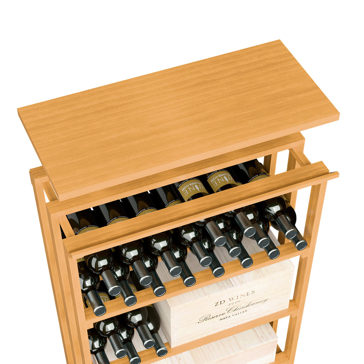 Wheat wood top shelf with open front, two bottle shelves, and slatted side supports.