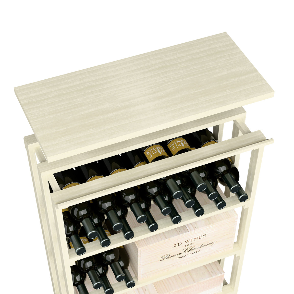 White-washed wood top shelf with open bottle storage rack and slatted side panels.