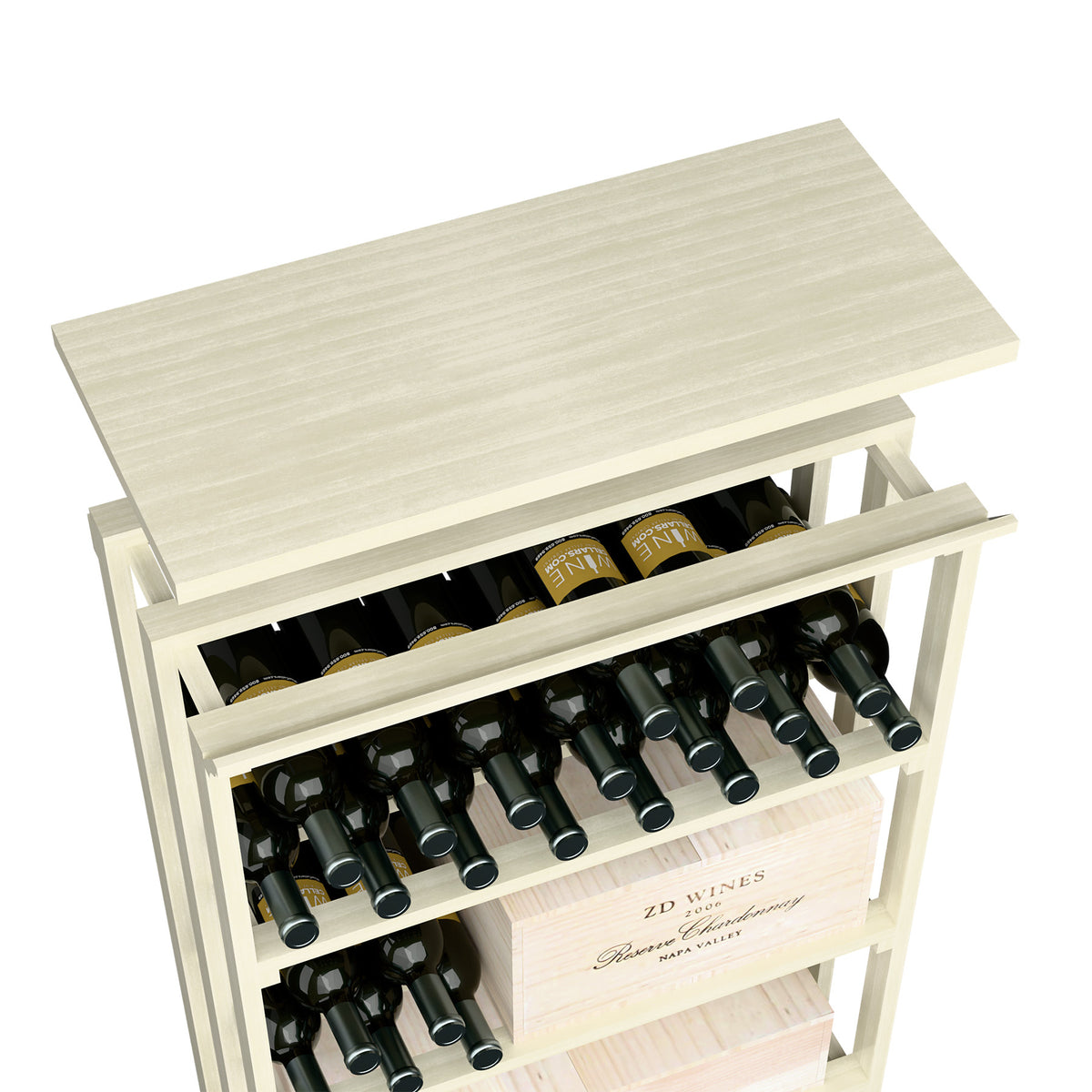 White-washed wood top shelf with two-tier bottle rack and open front for rec bin.