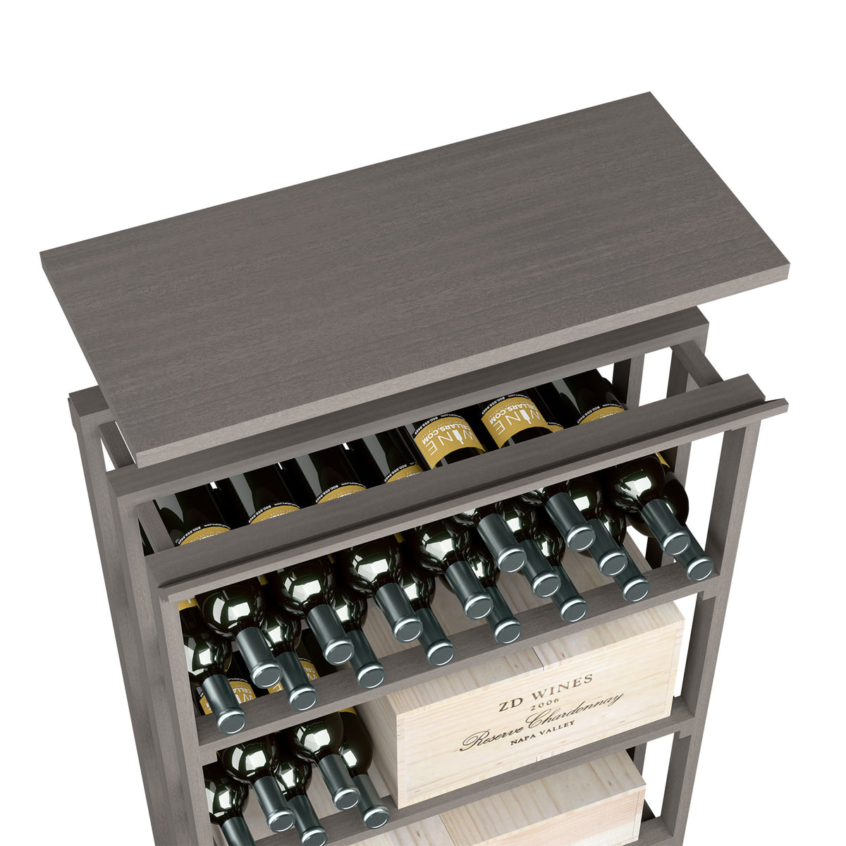 Grey wood top shelf for rec bin storage rack with bottle compartments