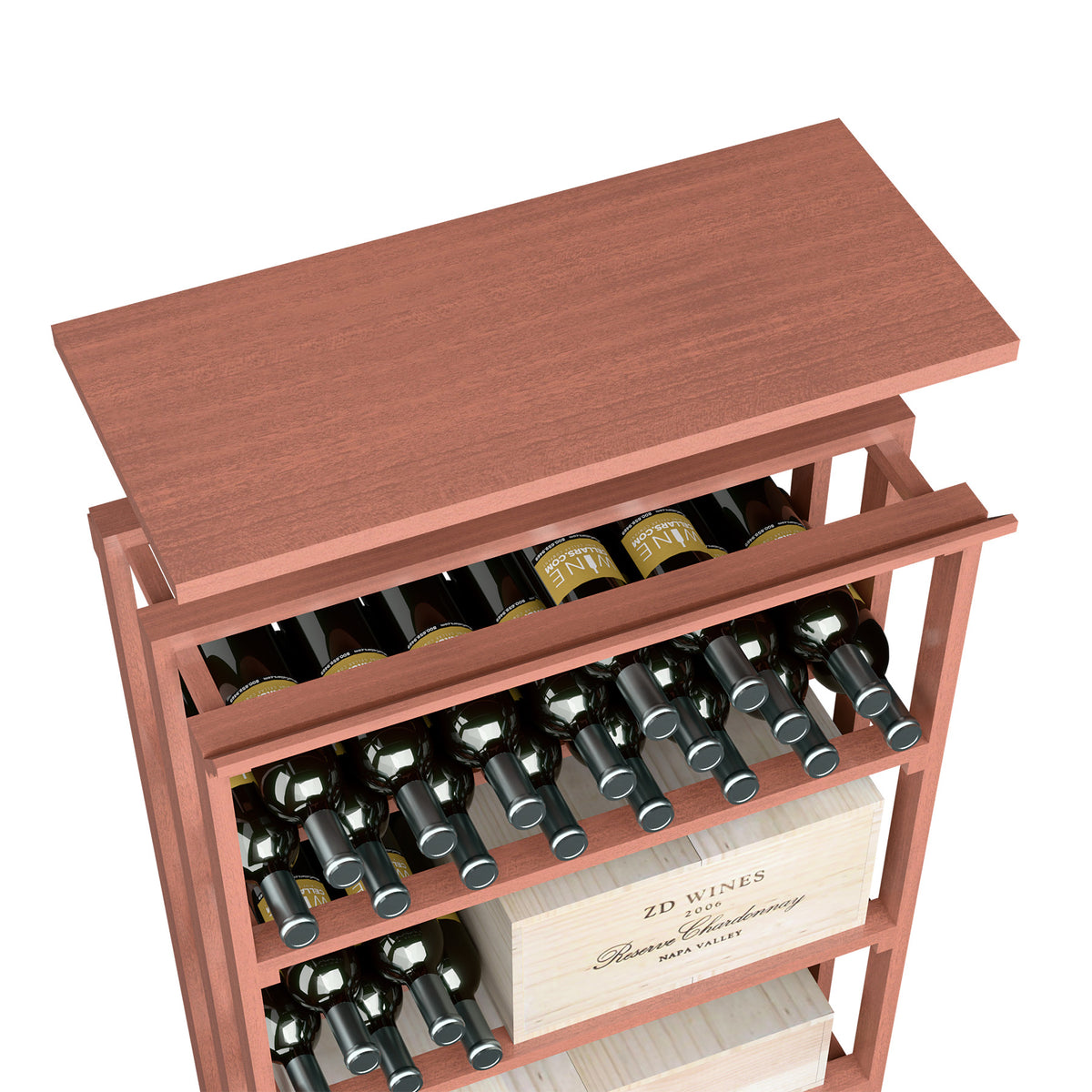 Red wood top shelf for rec bin storage rack with wine bottles on shelves