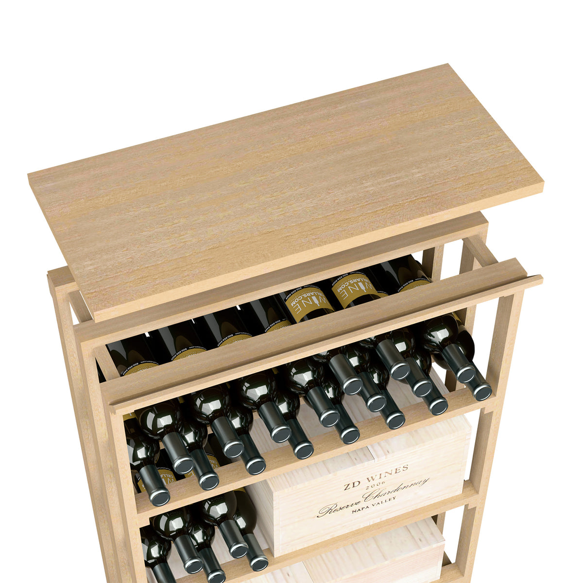 Natural light wood top shelf for rec bin storage rack with bottle compartments